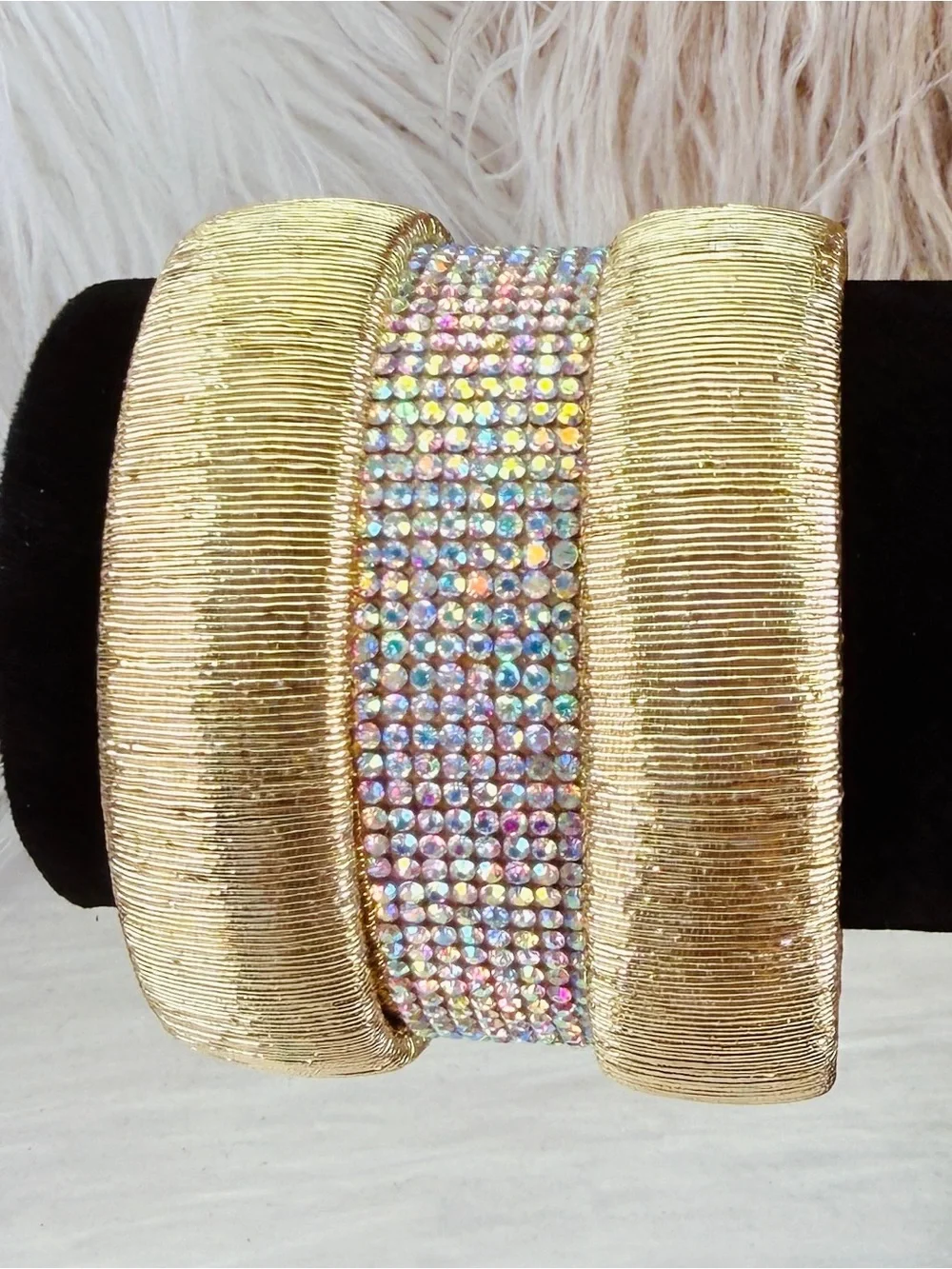 Chunky wide band, aged goldtone, iridescent cuff bracelet